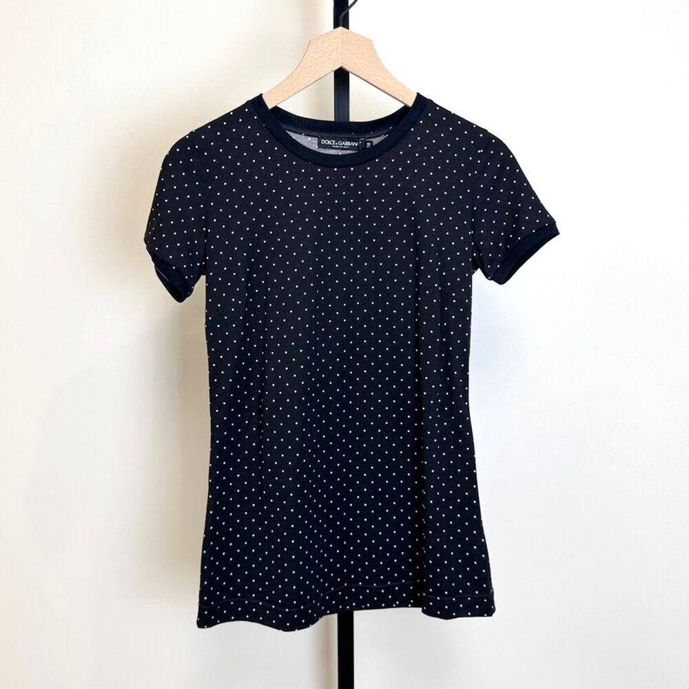 DOLCE & GABBANA Black Cotton White Polka Dots T-Shirt 38 NEW Short Sleeve Tee